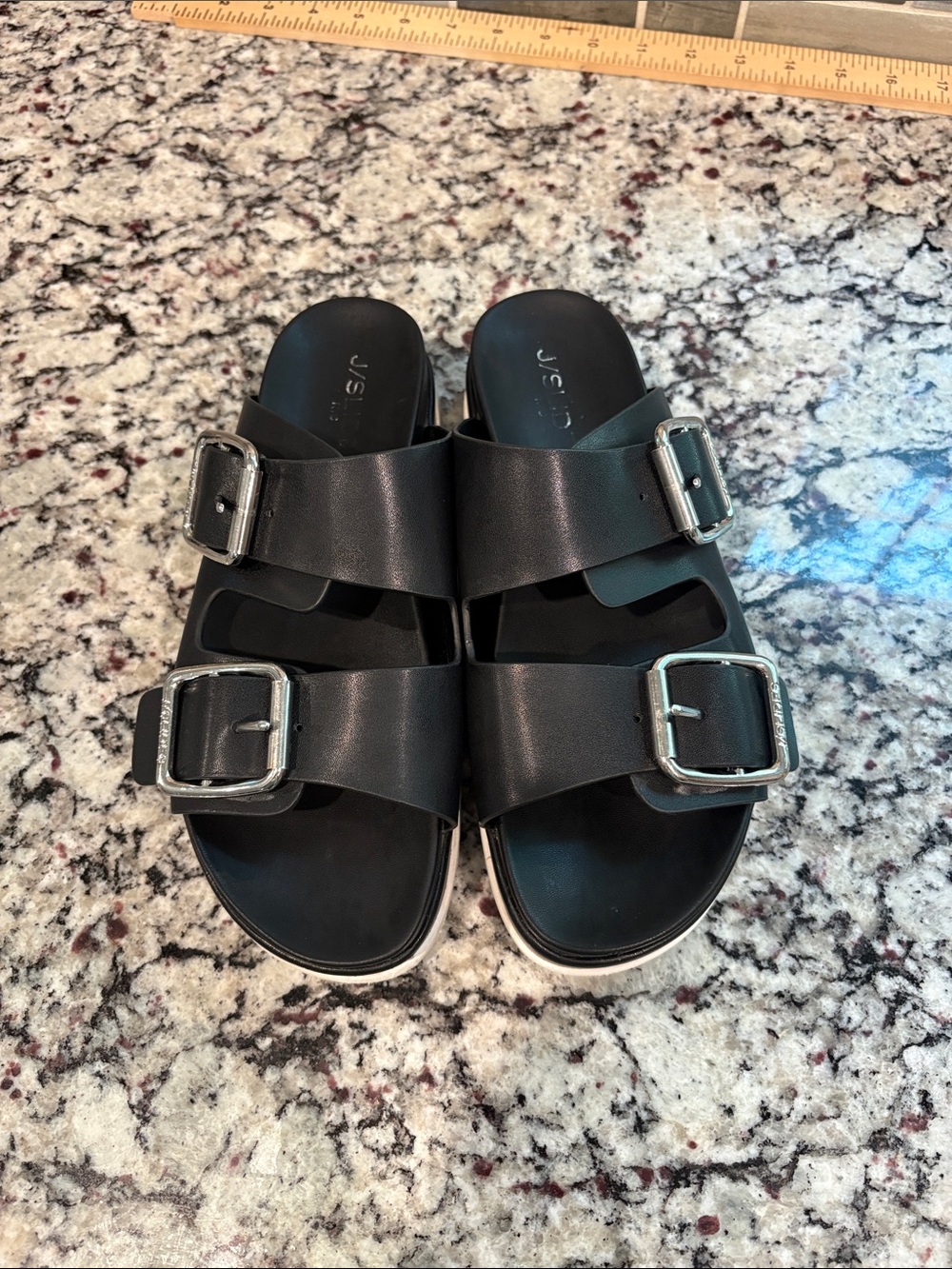 J/Slides NYC Black Leather Slide Sandals with Silver Buckles size 8. - Picture 2 of 7
